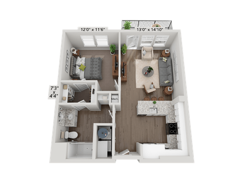 Floor plan for 1 bed, 1 bath, 678 sqft